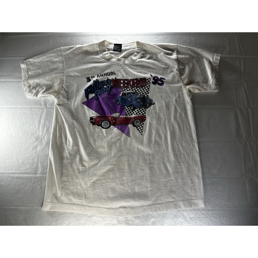 VTG 1995 Fathers Day Weekend Shirt Adult Large White Car Graphic USA